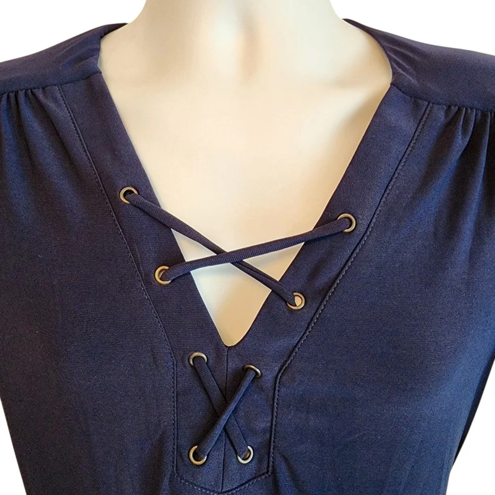 Luxology Navy Blue Lace Up Dress Womens Size 6 NWT Belted Free Ship - Picture 2 of 13